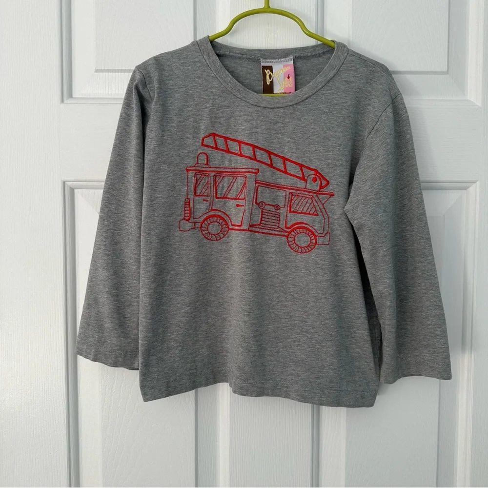 Banana Split Boys Gray & Red Fire Truck Check Pant & Long Sleeve Shirt Set Sz 6